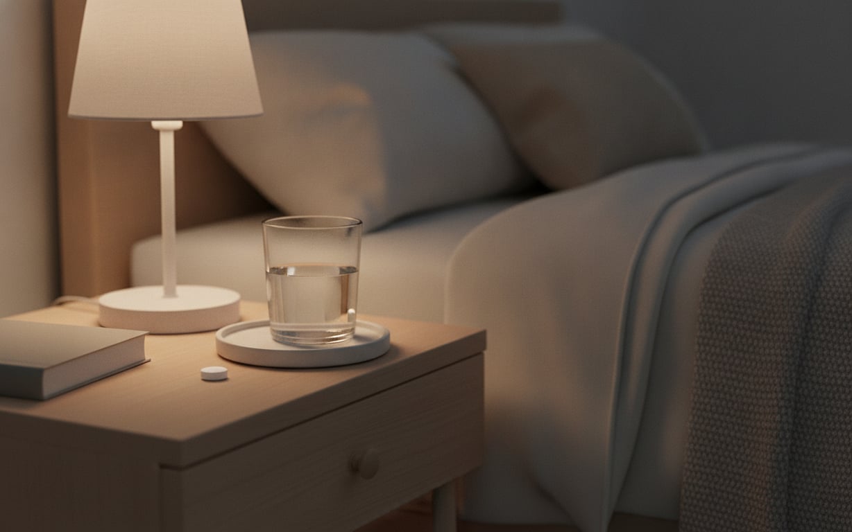 pastila cu melatonina asezata pe o comoda, lampa aprinsa, pahar cu apa